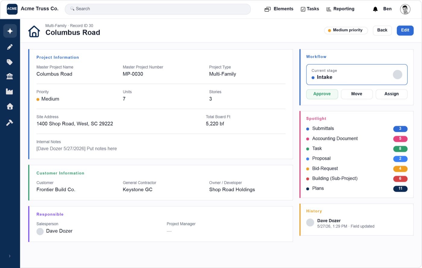 Cadynce project record with workflow stages, spotlight, and history